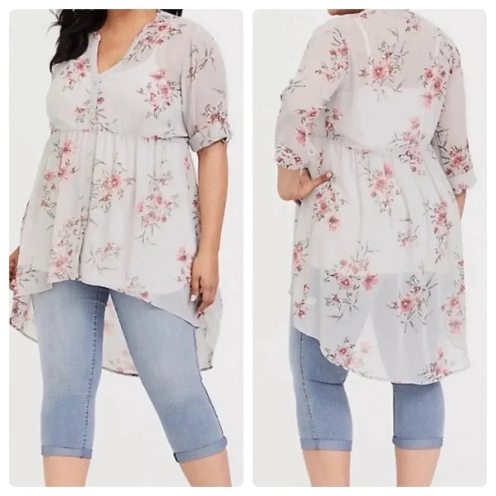 TORRID | Lexie Grey Sheer Floral Babydoll Tunic High-Low Tunic Plus Top Size 1X